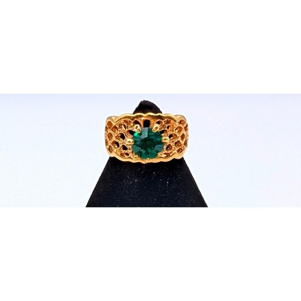 DAC Gold Tone Green Emerald Cut Stone‎ Filigree Wide Band Cocktail Ring Size 5